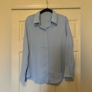 Mango Light Blue Flowy Button Down Shirt